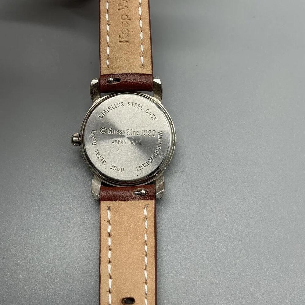 Vintage Guess Womens Watch 25mm Silver Tone White Dial Brown Leather New Battery